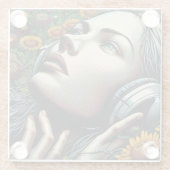 ひまわりのヘッドフォンを持つ美しい女性 ガラスコースター (裏面)