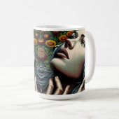 ひまわりのヘッドフォンを持つ美しい女性 コーヒーマグカップ (正面右)