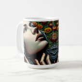 ひまわりのヘッドフォンを持つ美しい女性 コーヒーマグカップ (正面左)