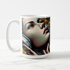 ひまわりのヘッドフォンを持つ美しい女性 コーヒーマグカップ