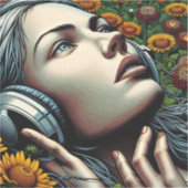 ひまわりのヘッドフォンを持つ美しい女性 シール (正面)