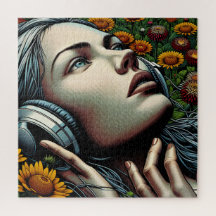 ひまわりのヘッドフォンを持つ美しい女性