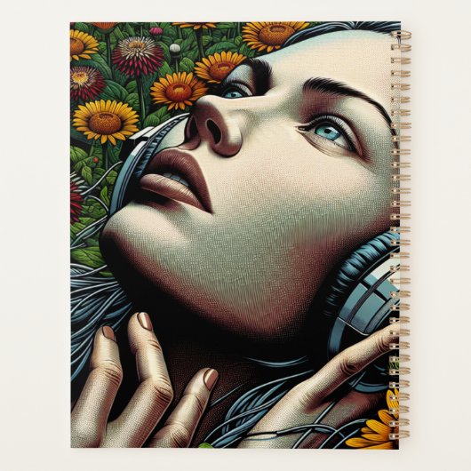 ひまわりのヘッドフォンを持つ美しい女性 プランナー手帳 (裏面)