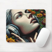 ひまわりのヘッドフォンを持つ美しい女性 マウスパッド (マウス)
