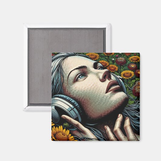 ひまわりのヘッドフォンを持つ美しい女性 マグネット (正面/裏面)