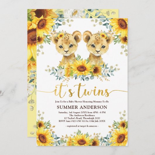 ひまわりのライオンの子どもツインズベビーシャワー 招待状 (正面/裏面)