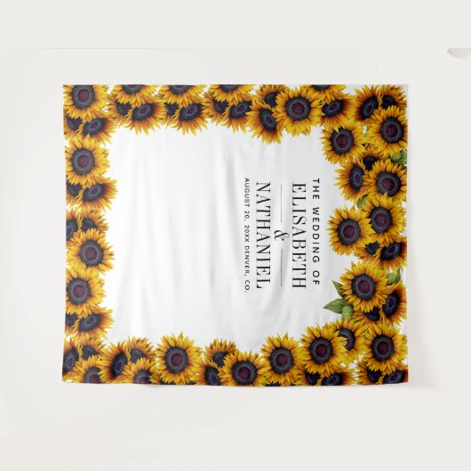 ひまわりのラスティックウェディングフォトブースの背景 タペストリー (正面(横))