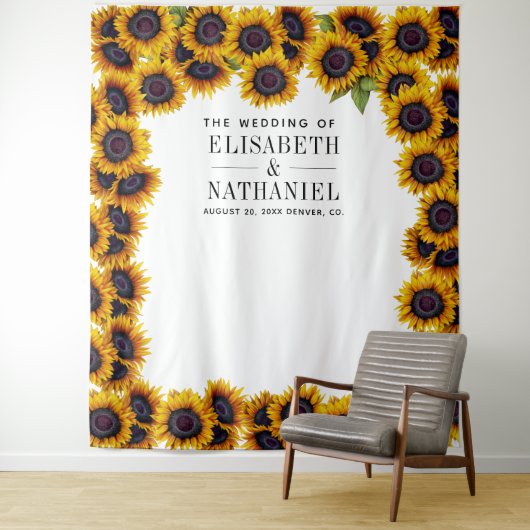 ひまわりのラスティックウェディングフォトブースの背景 タペストリー (インサイチュ)