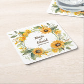 ひまわりのリングや輪:パーソナライズされた結婚コースター スクエアペーパーコースター (アングル)