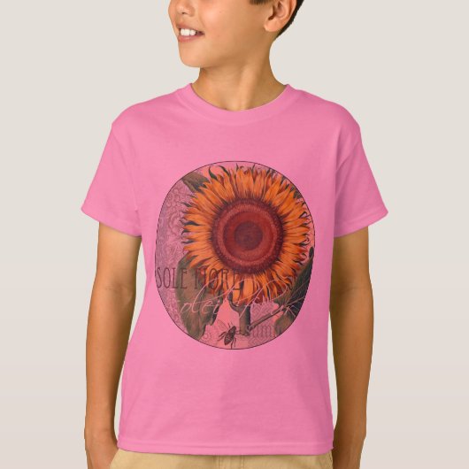 ひまわりのヴィンテージ・ダマスク柄 フラワーアート Tシャツ (正面)
