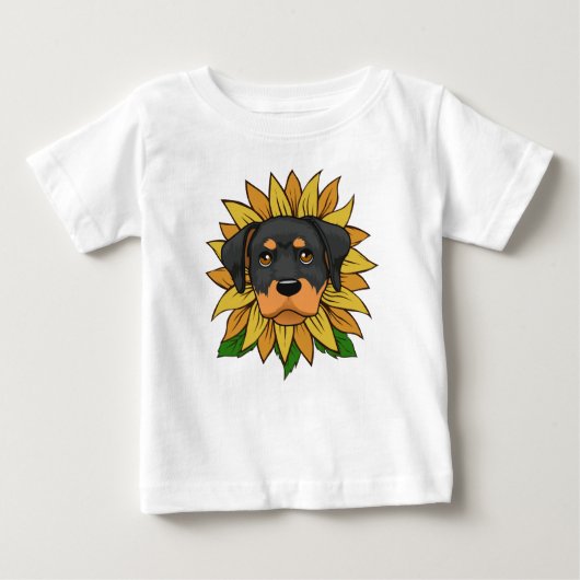 ひまわりの上のかわいいロットワイラー ベビーTシャツ (正面)