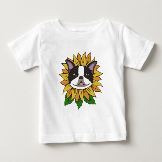 ひまわりの上の可愛いボストンテリアの犬の顔 ベビーTシャツ (正面)