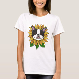 ひまわりの上の可愛いボストンテリアの犬の顔 Tシャツ