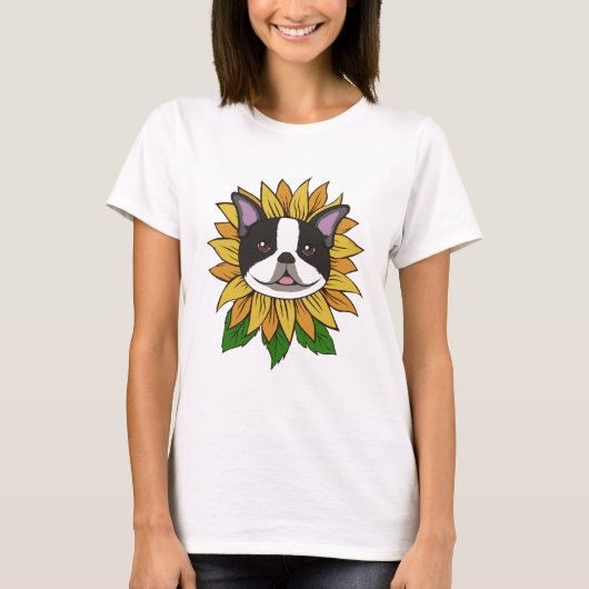 ひまわりの上の可愛いボストンテリアの犬の顔 Tシャツ (正面)