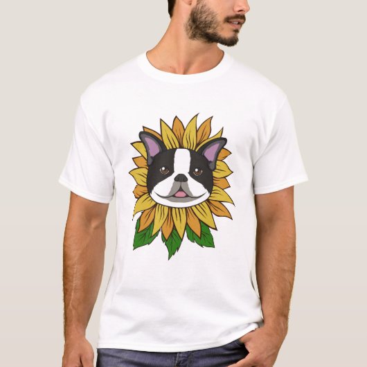 ひまわりの上の可愛いボストンテリアの犬の顔 Tシャツ (正面)