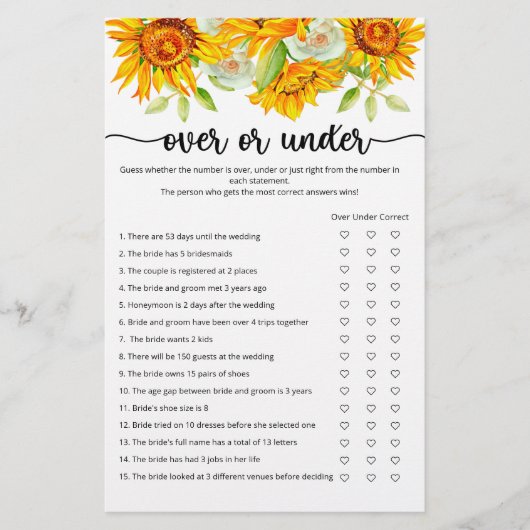 ひまわりの上または下のブライダルシャワーゲーム (正面)