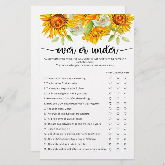 ひまわりの上または下のブライダルシャワーゲーム (正面/裏面)