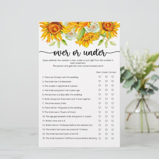 ひまわりの上または下のブライダルシャワーゲーム (スタンド正面)