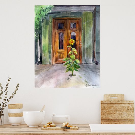 ひまわりの人は友達と出会う。オデサアートの古い扉 ポスター (キッチン)