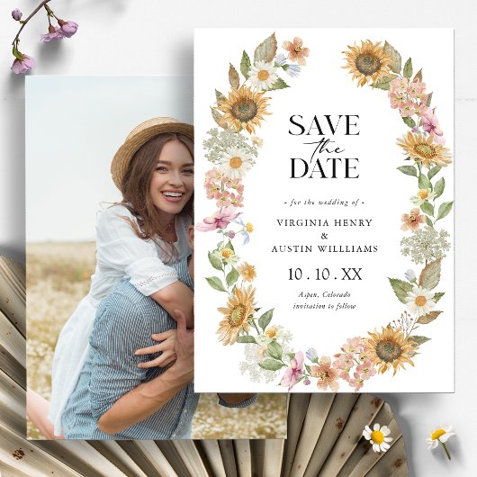 ひまわりの写真の結婚式日程カード セーブザデート