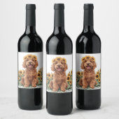 ひまわりの冠をかぶったかわいいゴルデンドール犬 ワインラベル (ボトル)