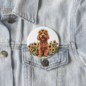 ひまわりの冠をかぶったかわいいゴルデンドール犬 缶バッジ (インサイチュ)