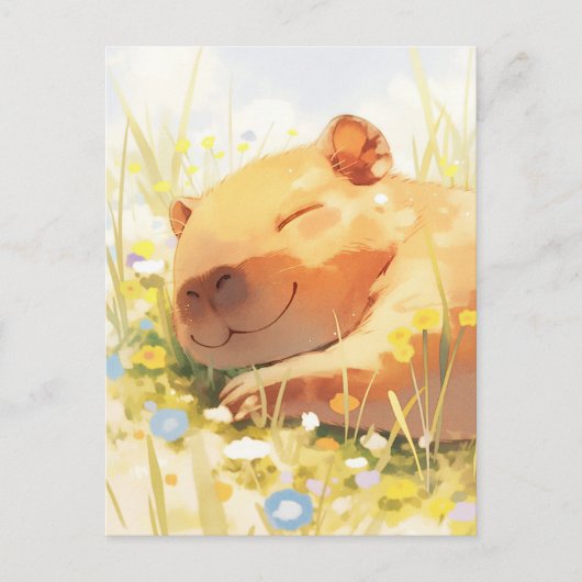 ひまわりの夏の草原で昼寝するカピバラ ポストカード (正面)