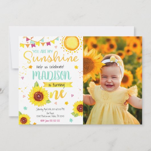 ひまわりの女の子1歳の誕生日フォトインビテーション 招待状 (正面)