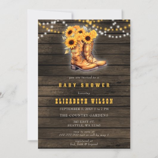 ひまわりの女性のカーボーイブーツウェスタンベビーシャワー 招待状 (正面)