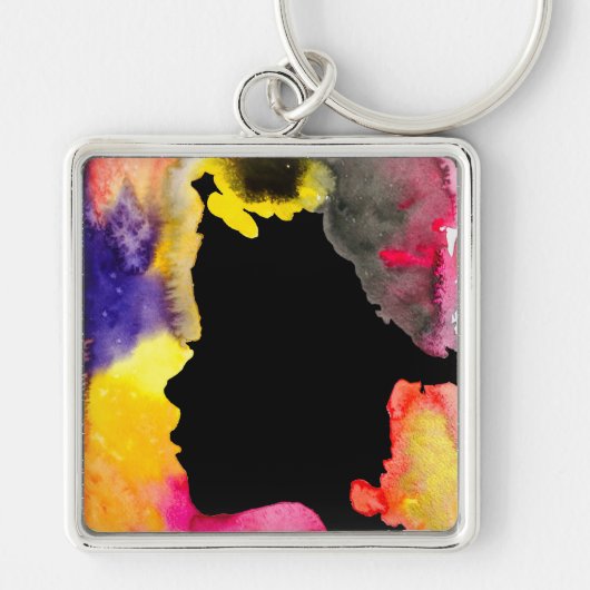 ひまわりの女性のシルエット水彩画 キーホルダー (正面)