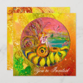 ひまわりの妖精たち 黄色 オレンジ ピンク きらきら 招待状 (正面/裏面)