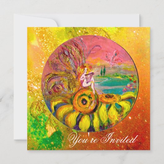 ひまわりの妖精 黄色 オレンジ ピンク 輝き 招待状 (正面)