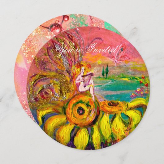 ひまわりの妖精 黄色 ピンク フューシャの輝き 招待状 (正面/裏面)