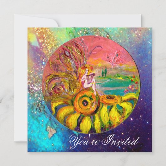 ひまわりの妖精 黄色 青 ピンク キラキラ 招待状 (正面)