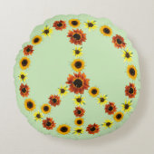 ひまわりの平和サイン淡い色の、緑の丸い枕 ラウンドクッション (正面)
