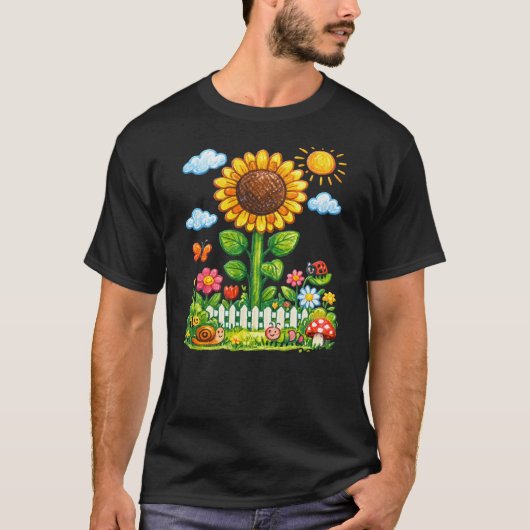 ひまわりの幻想的な庭園 カートゥーン自然アートT Tシャツ (正面)