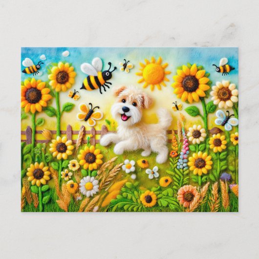 ひまわりの庭のミツバチとフェルトの犬 ポストカード (正面)