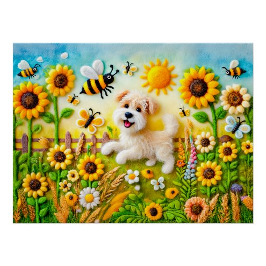 ひまわりの庭の蜂と犬のフェルト作品 ポスター (正面)