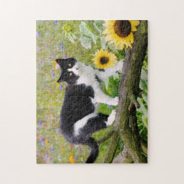 ひまわりの木の枝にかわいいタキシード猫 ジグソーパズル