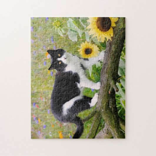 ひまわりの木の枝にかわいいタキシード猫 ジグソーパズル (縦)