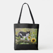 ひまわりの木の枝にかわいいタキシード猫 –  トートバッグ (裏面)