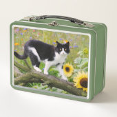 ひまわりの木の枝にかわいいタキシード猫 – メタルランチボックス (正面)