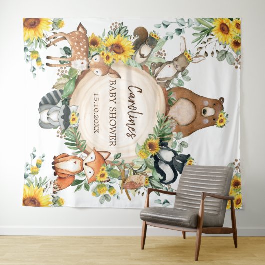 ひまわりの森の動物ベイビーシャワーの歓迎 タペストリー (インサイチュ(横))