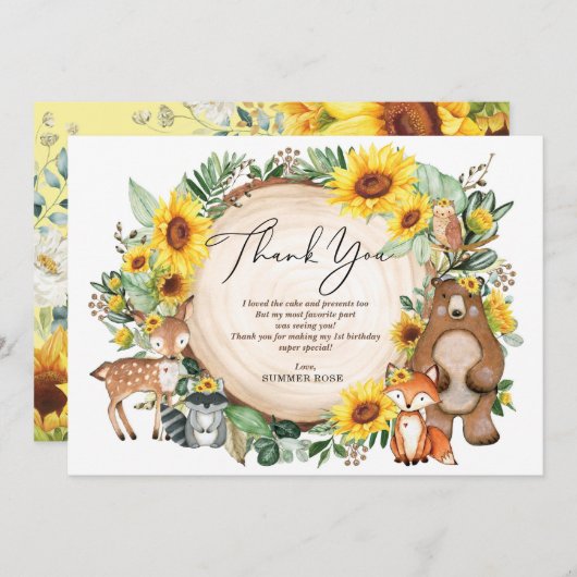 ひまわりの森の夏1歳の誕生日ありがとう サンキューカード (正面/裏面)