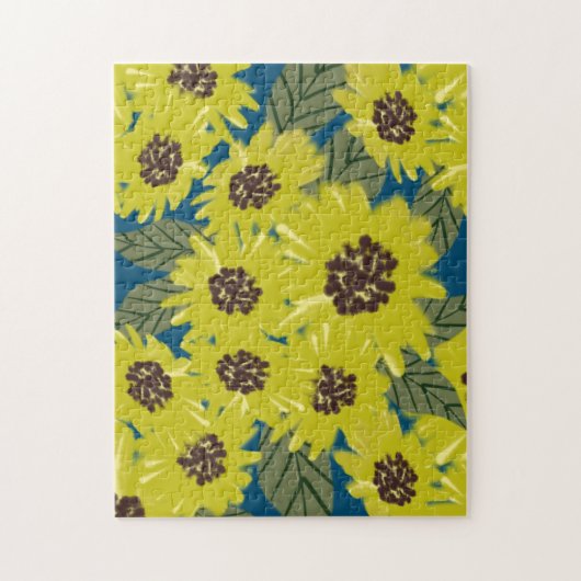 ひまわりの植物画 黄色 青 ジグソーパズル (縦)