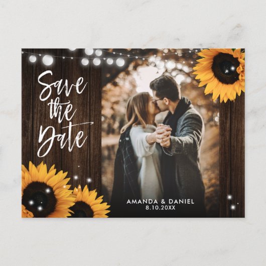 ひまわりの田舎風ウッド ウェディング 写真 Save The Date 案内ポストカード (正面)