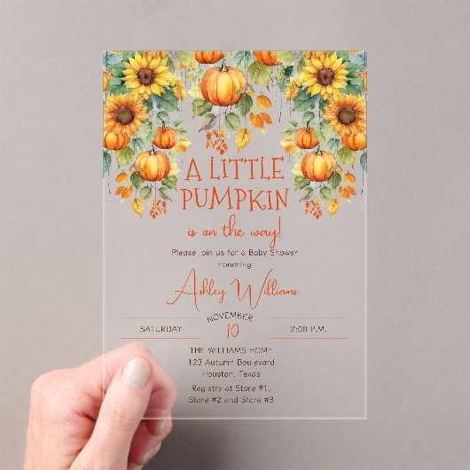 ひまわりの秋小さなかぼちゃの赤ちゃんシャワー アクリル招待状 (インサイチュ (ポータブル))