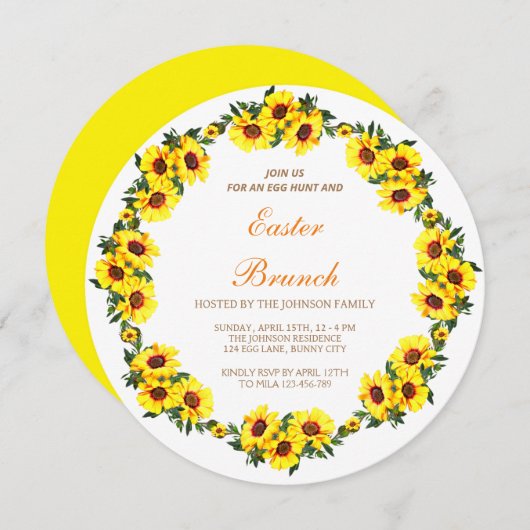 ひまわりの美しいリース、エステルの枝イン 招待状 (正面/裏面)