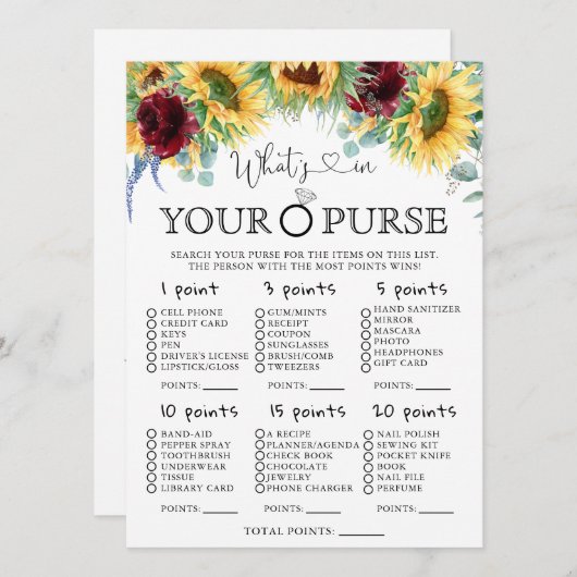 ひまわりの花あなたの財布のブライダルシャワーゲーム 招待状 (正面/裏面)
