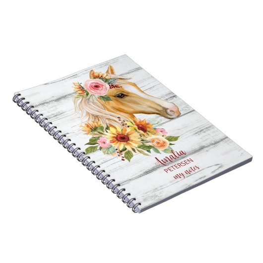 ひまわりの花が咲く美しいパロミノカスタム馬 ノートブック (右側)